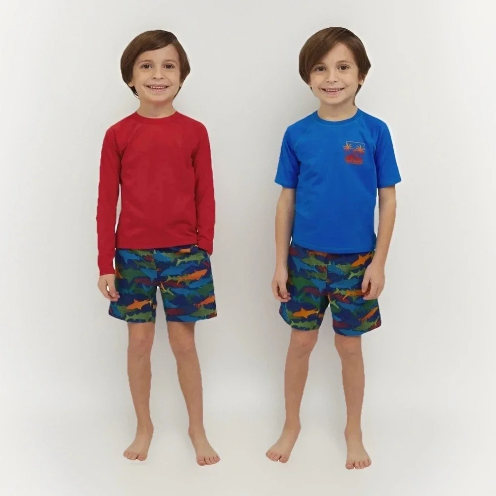 Lands' End 3 Piece Swim Set‎ Rash-Guard Trunks Boy's Size 3T Red Shark Print